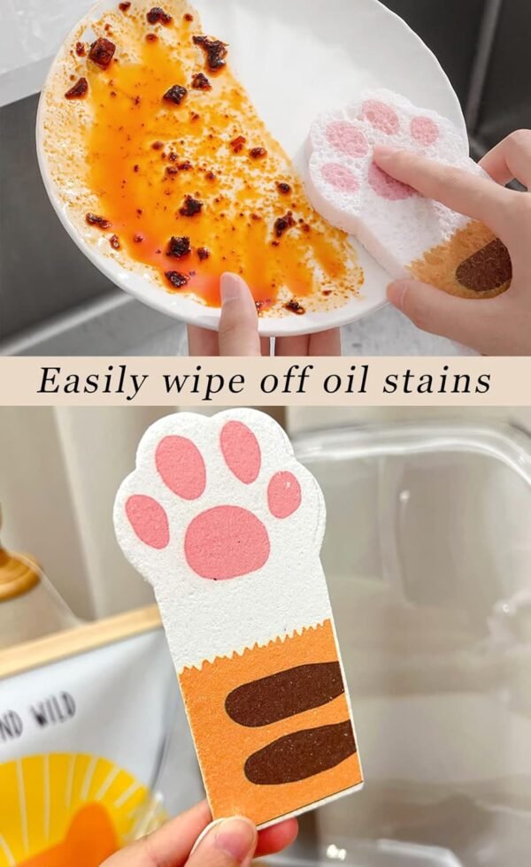 Biodegradable Cellulose Compressed Sponges, Bread Cat Paw Lemon Kitchen Wood Pulp Cleaning Sponges, Cute Natural Non-Scratch Scrub Sponges - 3 Packs - Image 3