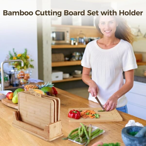 4 Pcs Bamboo Cutting Board Set, Wood Cutting Board Set with Holder, Chopping Boards Set with Food Icons Ideal for Meat Fish Bread Vegetable Fruit Chopping - Image 2