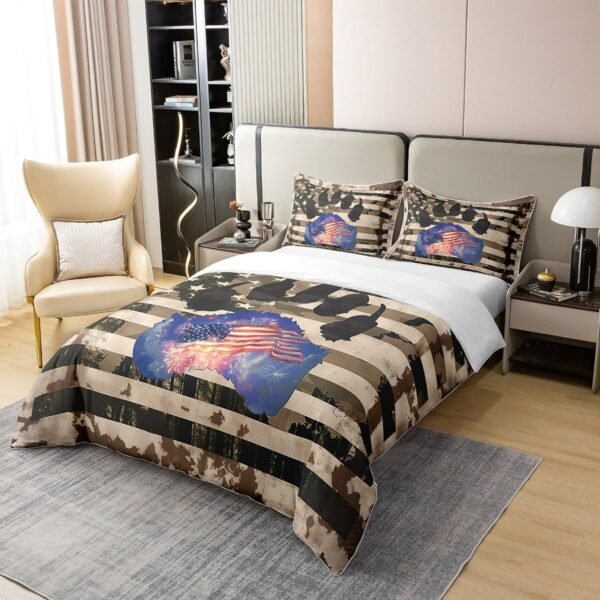 Retro American Flag 100% Organic Cotton Comforter Cover (Not Comforter) Paw Print Duvet Cover Set Queen Size for Bedroom Vintage Camouflage Stripes Bedding Set with 2 Pillowcases - Image 2