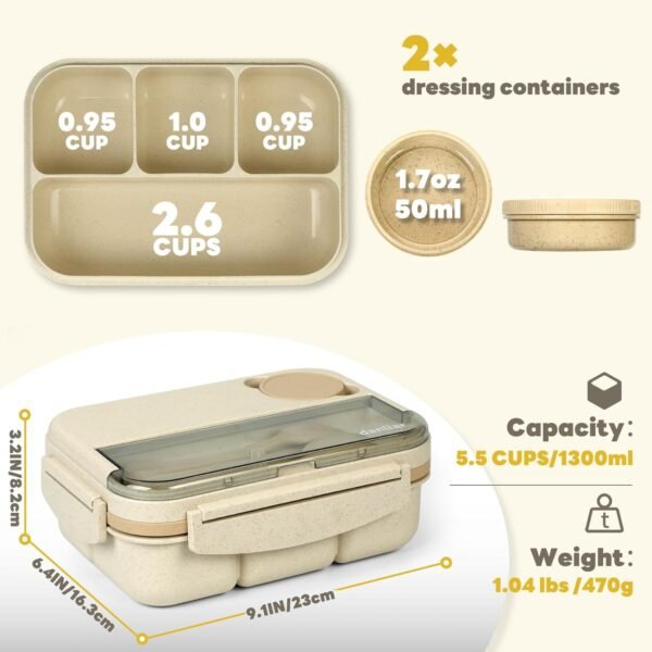 Bento Lunch Box for Kids, Wheat Straw 5.5 Cups Leakproof Adult Bento Box with 2 Sauce Jars, 4 Compartments Lunchable Snack containers, Utensils, Microwave & Dishwasher Safe (Wheat Straw Beige) - Image 6