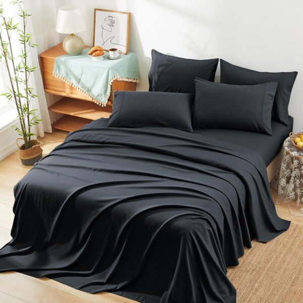 Manyshofu 70% Rayon Derived from Bamboo Sheets Queen Size Bed Sheets - 6 Piece Organic Cooling Sheets Silky Black Queen Sheet Set - Soft Breathable Luxury Bedding Sheets & Pillowcases