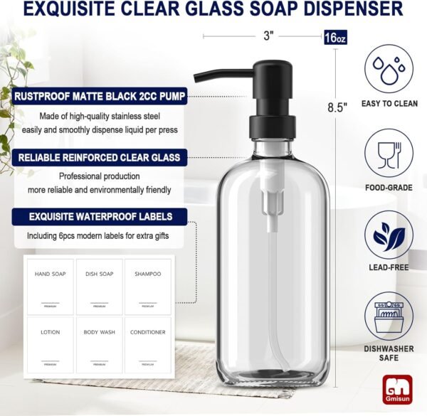 GMISUN Glass Soap Dispenser with Pump, 2 Pack Clear Bathroom Hand Soap Dispenser with Stainless Steel Pump, 16 Oz Refillable Kitchen Hand and Dish Soap Dispensers Set, Modern Liquid Pump Bottles - Image 2