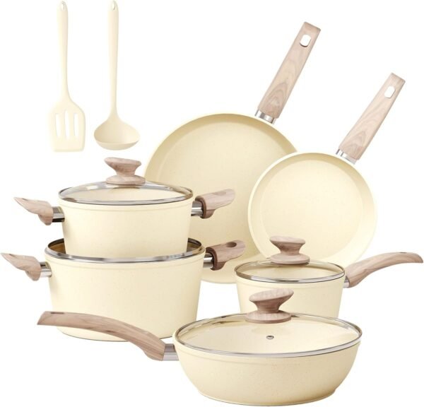 MAISON ARTS Kitchen Cookware Sets Nonstick, 12 Piece Pots and Pans Set Granite Cooking Set for Induction, Stovetop, Beige