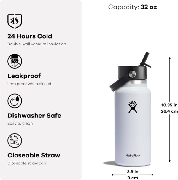 HYDRO FLASK Wide Mouth vacuum insulated stainless steel water bottle with leakproof closeable straw lid for cold water drinks, sports, travel, car and school - Image 3