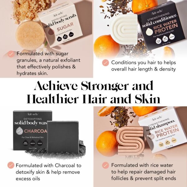Kitsch 4-Piece Bar Set - Rice Water Shampoo & Conditioner Bars, Charcoal Body Soap Bar, Sugar Scrub Bar - Solid Bars w/Castor Oil & Coconut Oil - Vegan, Paraben & Sulfate Free, Hair & Body Care - Image 4