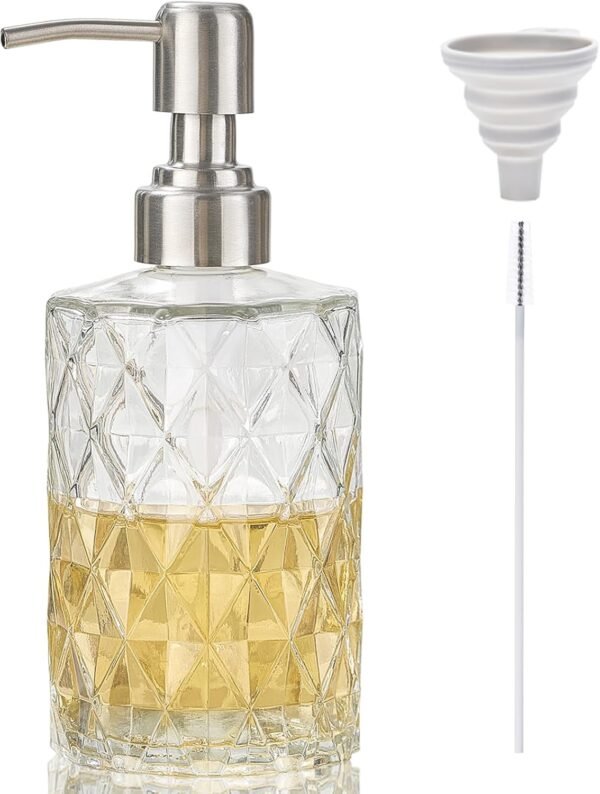 Easy Tang Glass Hand Dish Soap Dispenser for Bathroom Kitchen 12 Oz Crystal Design with Silver Pump Refillable Liquid Soap Dispenser (Clear)