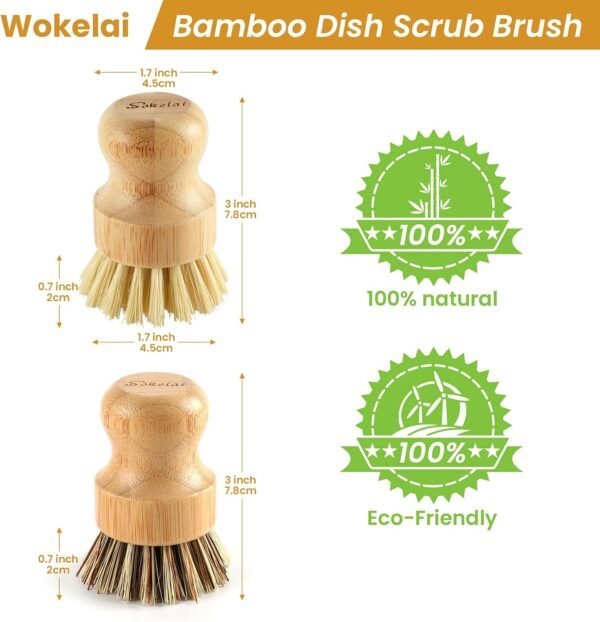 Bamboo Dish Scrub Brushes Set for Kitchen - Wooden Cleaning Scrubbers Brushes, Eco-Friendly Natural Dishes Washing Brush for Dishwashing Cast Iron Pots Pans Skillet Vegetables Sink, Set of 2 - Image 2
