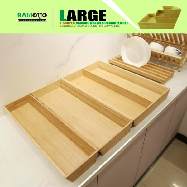 BAMOTTO V-Shaped Bamboo Drawer Organizer Set of 3 Kitchen Large and Long Utensil Plate, Flatware&Silverware Storage Box, Wood Drawer Organizer for Bedroom, Living Room - Image 6