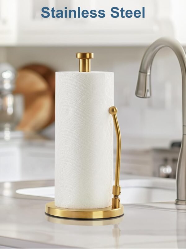 SMARTAKE Paper Towel Holder, Paper Towel Dispenser Standing Weighted Base Non Slip, Spring Arm Fit Most Size Paper Roll, Stainless Steel Kitchen Roll Stand for Home Kitchen Countertop Tabletop, Gold - Image 5