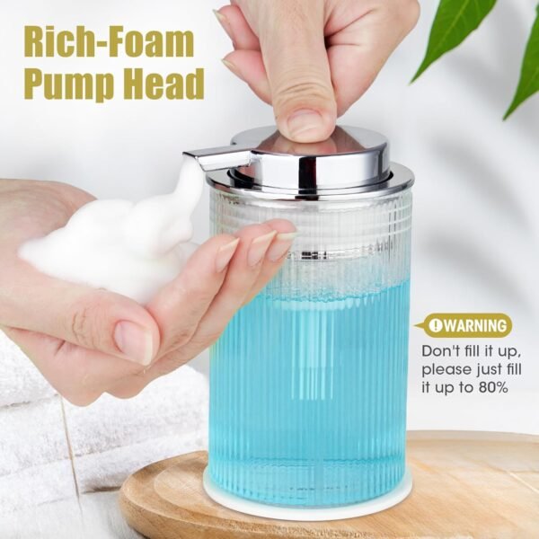 NiHome 14oz Ribbed Glass Foaming Hand Soap Dispenser, High-Capacity Easy to Refill for Home & Commercial Use, Clear Foaming Soap Dispenser for Bathroom, Kitchen with Large Foam Pump & Non-Slip Mat - Image 3
