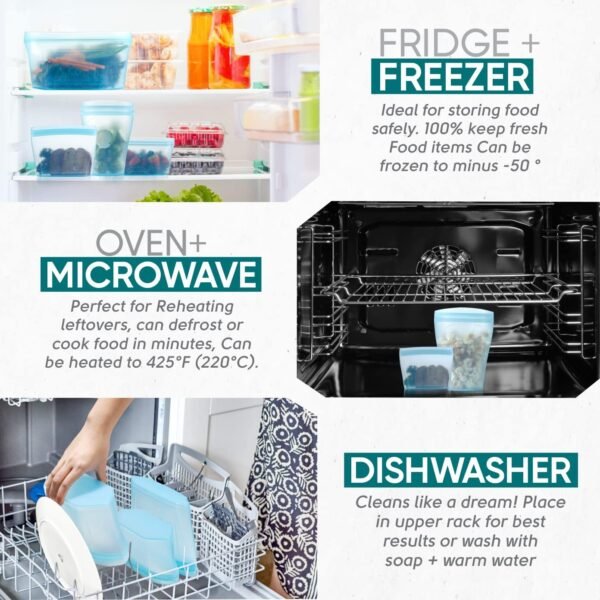 Reusable food container silicone bag, Upgrade second generation 6 Pcs Containers Storage, 100% Silicone Food Bag, Stand Up Preservation Rounded interior for easy cleaning. - Image 7