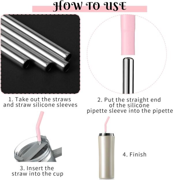 Reusable Metal Straws with Silicone Tip, 4 Pcs Stainless Steel Straws for 40 oz Tumbler,Extra Long Drinking Cup Straws - Image 6