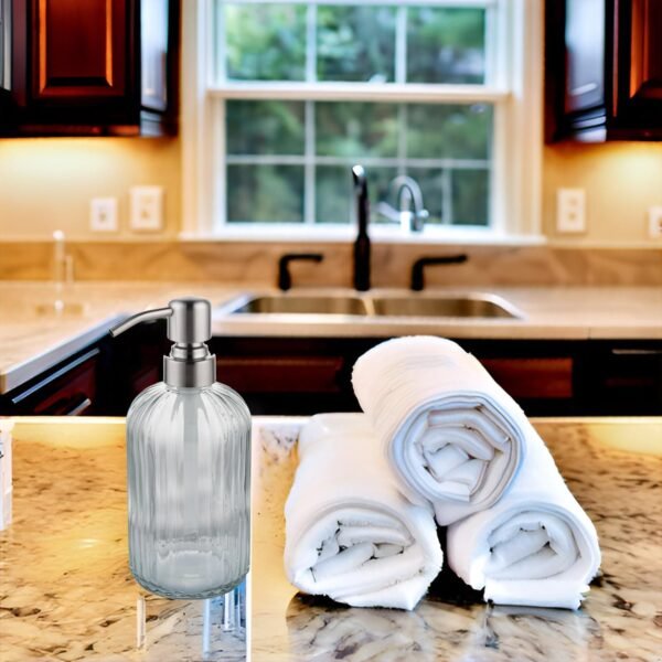 Aspasia Glass Soap Dispenser, Clear Glass Bottle with Rust Proof Stainless Steel Pump, Refillable Liquid Hand Soap Dispenser for Bathroom, Kitchen, 15 Oz, Brushed Nickel - Image 3