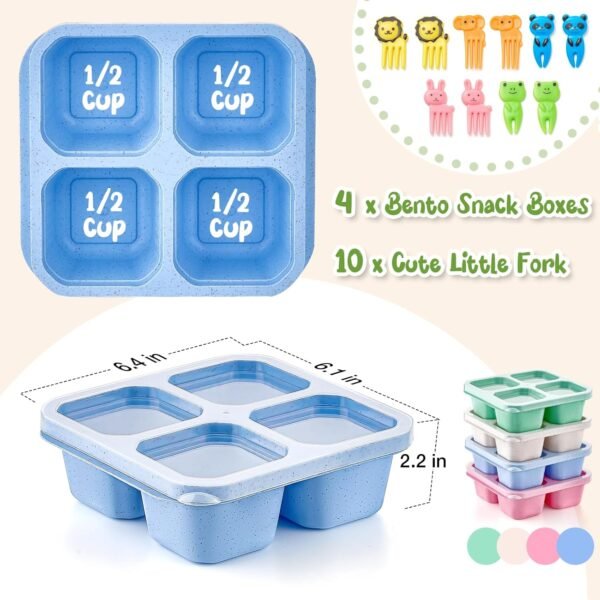 Bento Snack Boxes 4 Pack, Reusable Bento Boxes Kids Adults with 4 Compartments & Fork, Lunch Snack Containers, Wheat Straw Meal Prep Lunch Box, Divided Food Storage Containers for School Work Travel - Image 2