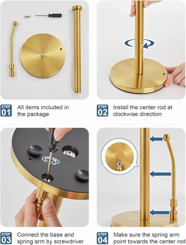 SMARTAKE Paper Towel Holder, Paper Towel Dispenser Standing Weighted Base Non Slip, Spring Arm Fit Most Size Paper Roll, Stainless Steel Kitchen Roll Stand for Home Kitchen Countertop Tabletop, Gold - Image 6