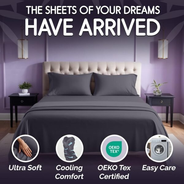 SLEEP SANCTUARY 100% Organic Viscose Derived from Bamboo Sheets Queen Size 4pcs - Ultra Soft & Luxuriously Cooling, 17" Deep Pocket, Perfect for Hot Sleepers - Queen Bed Sheets (Grey) - Image 2