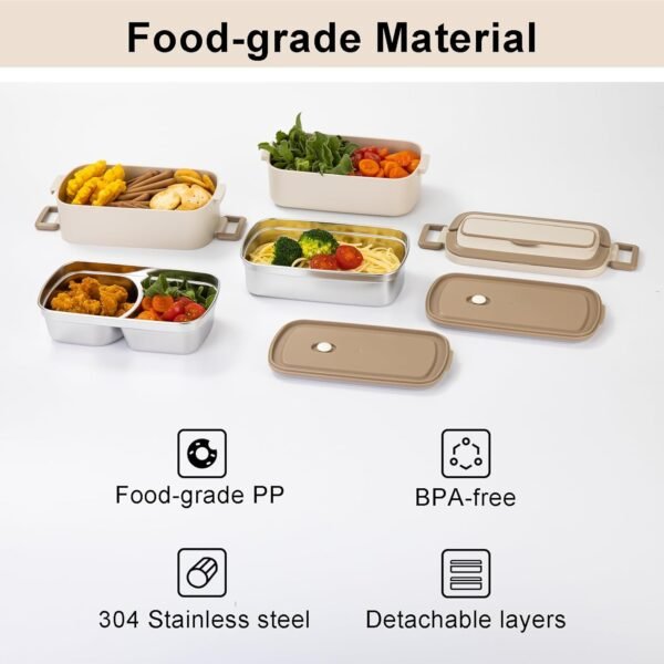 Lille Home Bento Box Adult Lunch Box, Stainless Steel Compartment Tiffin Lunch Snack Box, 2-Tier Bento Food Container, 68 oz Stackable Lunch Box with Lunch Bag and Soup Bowl (Beige) - Image 7