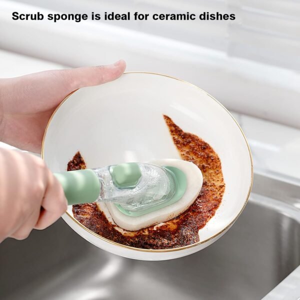 DAPOWER Dish Brush with Handle, Dish Scrubber with Soap Dispenser, Kitchen Scrub Brush for Dishes Pots Pans Sink Cleaning, 4 Replaceable Brush Heads (Green) - Image 4
