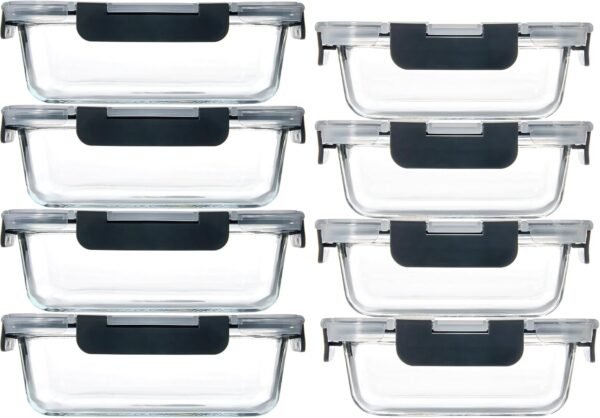 YANGNAY 8 Pack Glass Food Storage Containers, Glass Meal Prep Containers with Airtight Lids, Dishwasher/Freezer Safe Glass Containers, 2 sizes