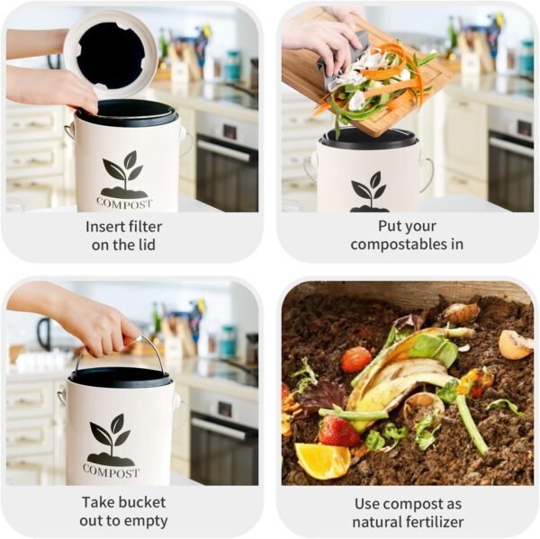Compost Bin Kitchen Countertop, Indoor Compost Bin with Inner Bucket, 1.15 Gallon Small Compost Bin with Lid, Indoor Composter Bin Counter Compost Pail Food Waste Bin Includes 3PCs Carbon Filter Cream - Image 5