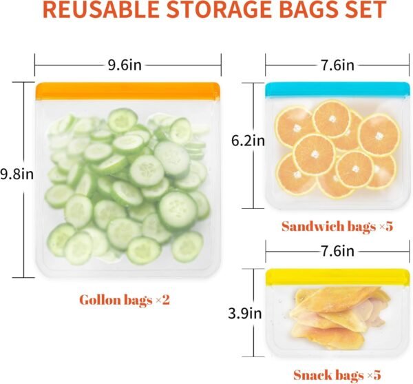 ENLOY 12 Pack Reusable Food Storage Bags, BPA Free PEVA Reusable Freezer Bag, 2 Gallon & 5 Sandwich & 5 Snack Size Bags, Leakproof Freezer Bag for Liquid Lunck Sandwich Marinate Meat Fruits Vegetable - Image 2
