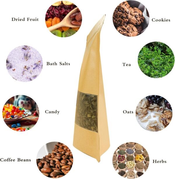 100 PCS Resealable Bags, Stand Up Kraft Paper Bags with Matte Window, Zipper Lock Food Storage Bags for Small Business and Home, 5.51 * 7.87 Inch Reusable Sealable Bags for Packaging - Image 5