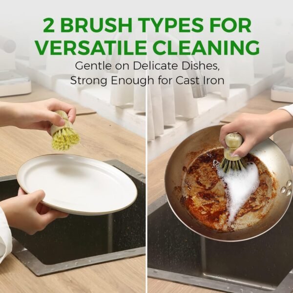 Bamboo Dish Brush Set of 3, 100% Plant-Based Kitchen Dish Brush Bamboo with Sisal and Coconut Bristles, 2 Brush Types, No Scratch Wood Sish Scrub Brush for Dishes, Quick-Drying, Odor Free - Image 4