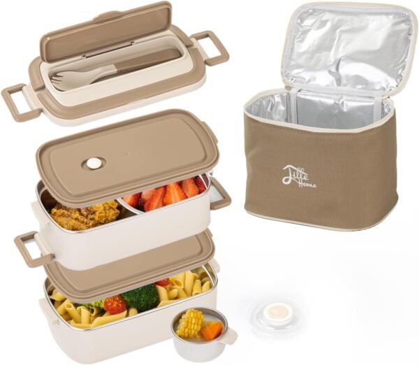 Lille Home Bento Box Adult Lunch Box, Stainless Steel Compartment Tiffin Lunch Snack Box, 2-Tier Bento Food Container, 68 oz Stackable Lunch Box with Lunch Bag and Soup Bowl (Beige) - Image 2