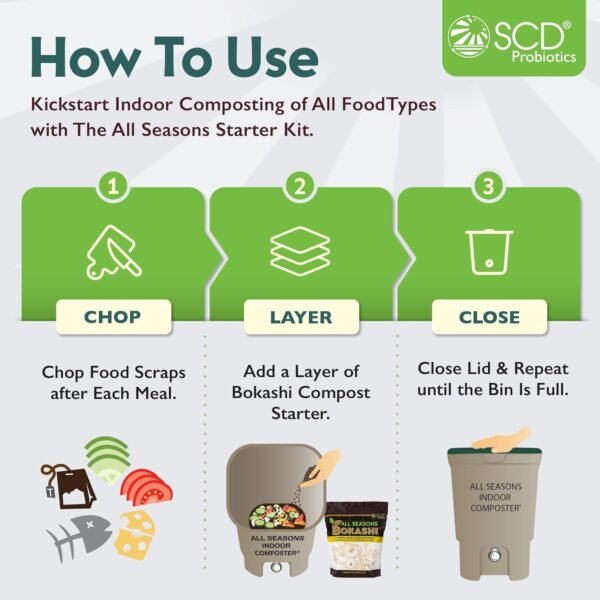 All Seasons Indoor Composter Starter Kit – 5 Gallon Tan Compost Bin For Kitchen Countertop With Lid, Spigot & 1 Gallon (2 lbs.) Bag Of Dry Bokashi Bran – by SCD Probiotics - Image 5