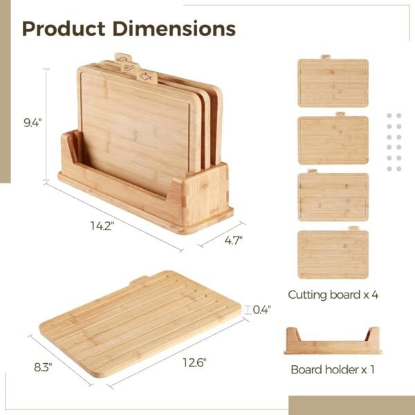 4 Pcs Bamboo Cutting Board Set, Wood Cutting Board Set with Holder, Chopping Boards Set with Food Icons Ideal for Meat Fish Bread Vegetable Fruit Chopping - Image 3