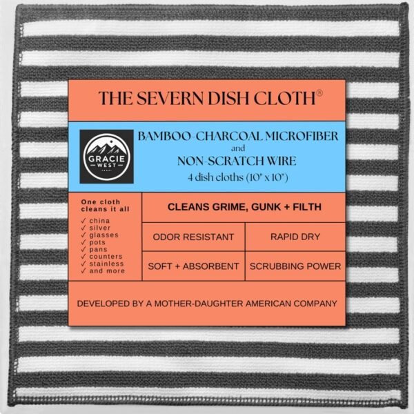 Severn Dish Cloths - No-Smell Dish Rags with Non-Scratch Wire Scrubber Side for Kitchen Cleaning. 4pk. Grime-Fighting Bamboo-Charcoal Microfiber 2-Sided Dishrags. Machine Wash + Dry. Gracie West