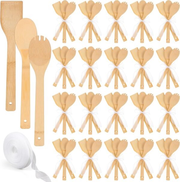 24 Sets Bamboo Spatula Bamboo Kitchen Utensils 12 Inch Flat Handle Bamboo Wok Spatula with Fishtail Ribbon for Kitchen Cooking Birthday Wedding Baby Shower Housewarming Party Gift