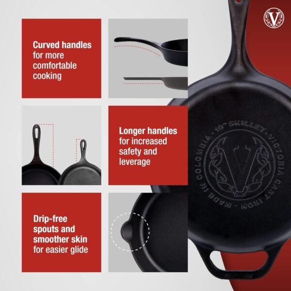 Victoria Cast Iron Skillet Large Frying Pan with Helper Handle Seasoned with 100% Kosher Certified Non-GMO Flaxseed Oil, 12 Inch, Black - Image 5
