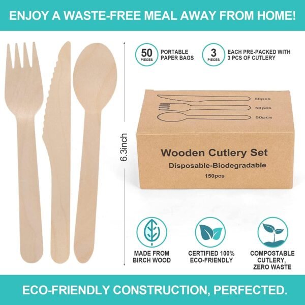 Compostable Cutlery Set - 500 Pieces Wooden Compostable Utensils - [200 Spoons, 200 Forks, 100 Knives] - Disposable Wooden Cutlery, Eco Friendly Forks and Spoons, Disposable Cutlery Set Party Utensils - Image 2