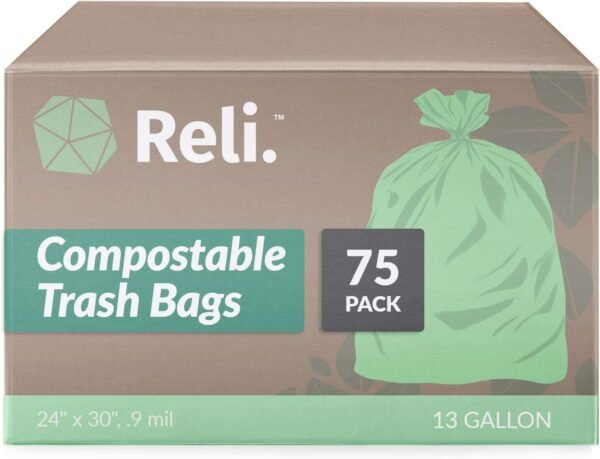 Reli. Compostable 13 Gallon Trash Bags | 75 Count | ASTM D6400 | Green | Eco-Friendly | For Compost
