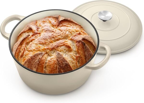 P&P CHEF 5-Quart Enameled Dutch Oven Pot, 5 Qt Cast Iron Dutch Oven with Lid, Enamel Cooking Pot Cookware for Braising, Roasting, Bread Baking, Oven & Stove Safe (Khaki)
