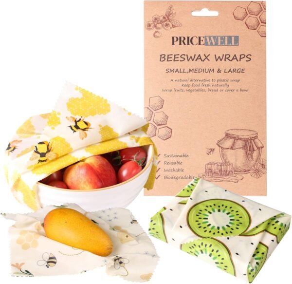 Reusable DIY Beeswax Wrap Kit, 3 Pc. Set, Food Wrapping Paper for Snacks, Sandwiches, Lunch, and Leftovers, Washable and Sustainable, Refrigerator and Pantry Safe (3)
