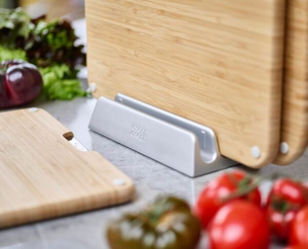 Joseph Joseph Nest™ Boards 3-Piece Bamboo Cutting Board Set, Double-Sided, Non-Slip Feet, Stainless-Steel Tabs, Food Icons, Metal Stand - Image 6
