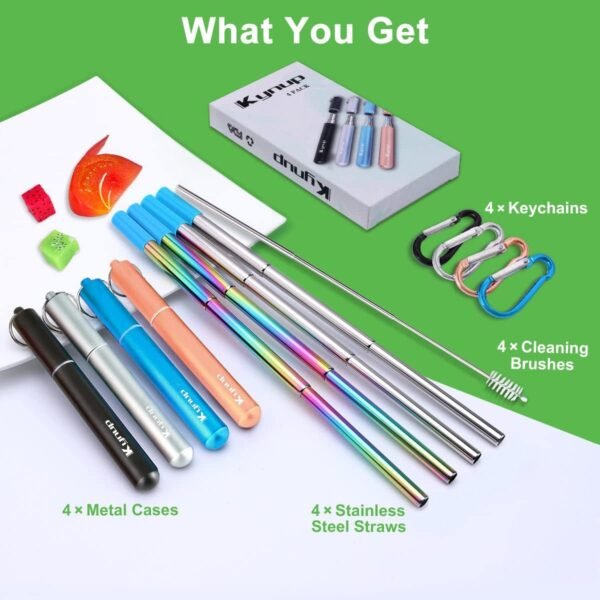 Kynup Reusable Straws, 4Pack Collapsible Portable Metal Straw Reusable Foldable Stainless Steel Drinking Travel Telescopic Straw with Case, Clean Brush, Keychain Gifts (Blue-Black- Rose Gold-Silver) - Image 4