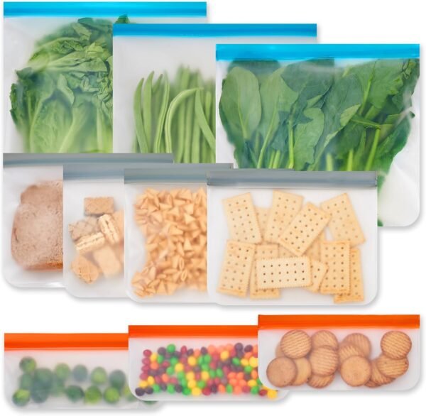 Leetaltree Reusable Food Storage Bags, 10 Pack Dishwasher Freezer Safe PEVA Bags, Leak Proof & Airtight Reusable Freezer Bags for Food Storage and Home Organization