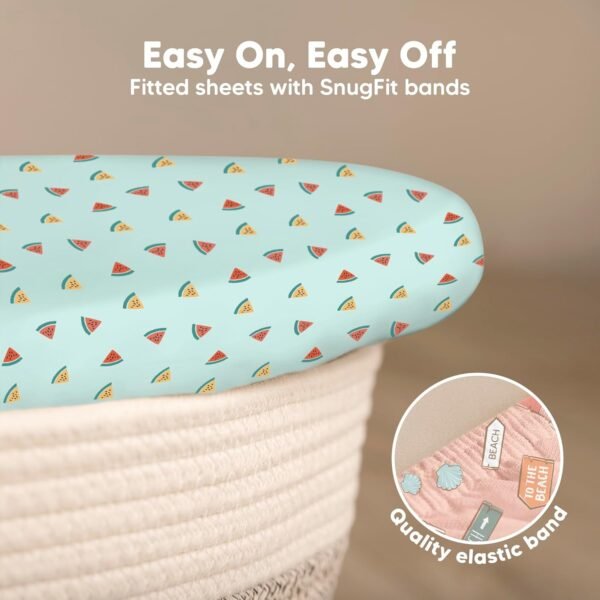 2-Pack Organic Bassinet Sheets for Girls, Boys - 100% Cotton Bassinet Mattress Sheets Compatible with Halo Bassinest Swivel Sleeper, Graco,Baby Delight,Chicco,Unisex Fitted Bassinet Sheets (Beach Day) - Image 5