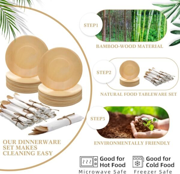 Layhit 50 Set Pre Rolled Napkin and Bamboo Cutlery Set, Forks Knives Spoons Plates Napkins for Party, Banquet, Outdoor Wedding, Dinner, Home, Festival, Baby Shower Supply - Image 3