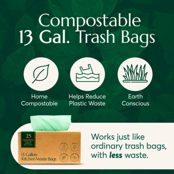 Cleanomic Compostable* Trash Bags with Drawstring (13 Gallon, 25 Units, Tall), BPI Certified For Kitchen Compost - Image 2