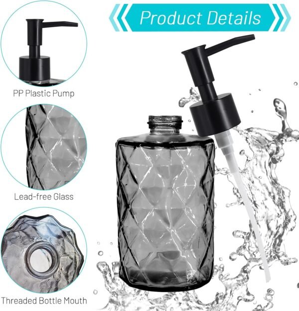 Glass Soap Dispenser with Plastic Pump, 330ml/11oz. Liquid Hand Soap Dispenser for Bathroom and Kitchen, Hand-Pump Dispenser for Dishwashing Liquid, Lotion, Soap, Shower Gel, Essential Oil (Black) - Image 3