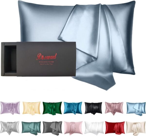 Organic Silk Pillowcase for Hair and Face Made in USA, Real 22 Momme Mulberry Silk Pillow Case, Cooling Anti Wrinkle Silk Pillow Cover, Hypoallergenic, Anti Aging (Blue Grey, Queen)