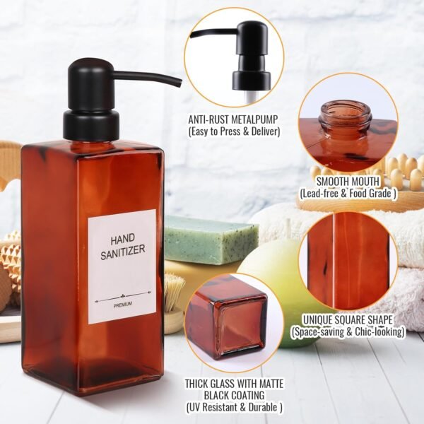 Alotpower Amber Glass Soap Dispenser 12 oz,2pack Glass Soap Dispenser with Pump,Refillable Square Amber Soap Dispenser Glass for Kitchen & Bathroom - Image 3