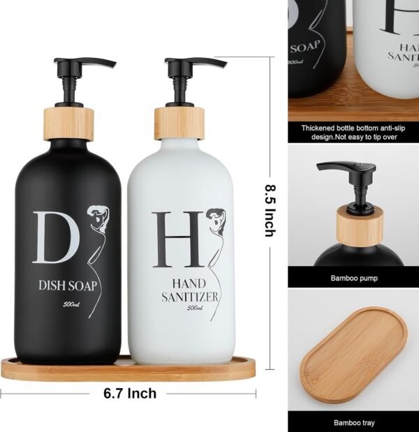 2Pack Glass Hand Soap Dispenser with Bamboo Pump, Refillable Soap Dispenser, Premium Soap Dispenser for Kitchen and Bathroom (Black, 18oz*2). - Image 6