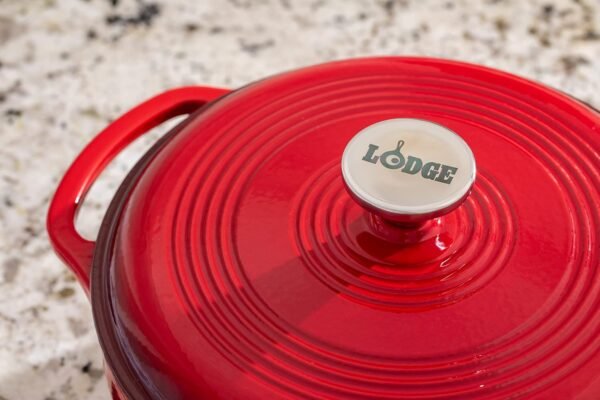 Lodge 4.5 Quart Enameled Cast Iron Dutch Oven with Lid – Dual Handles – Oven Safe up to 500° F or on Stovetop - Use to Marinate, Cook, Bake, Refrigerate and Serve – Island Spice Red - Image 6