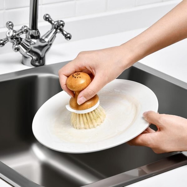 SUBEKYU Dish Brush, Bamboo Dish Scrubber Brush Set with Tray, Natural Kitchen Dishwashing Scrub Brush for Cleaning Dishes/Pans/Pots, Built-in Scraper, Natural Sisal + Palm Bristles, Set of 2 - Image 6