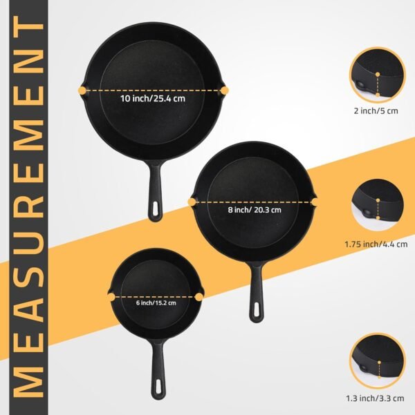 Utopia Kitchen Saute Fry Pan - Pre-Seasoned Cast Iron Skillet Set 3-Piece - Frying Pan - 6 Inch, 8 Inch and 10 Inch Cast Iron Set (Black) - Image 2